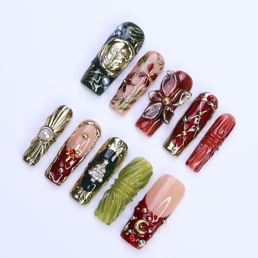 Christmas Press-On Nails with 3D Flowers, Christmas Tree & Celestial | Long Square Fake Nails | Handmade Luxury Holiday Nail Art