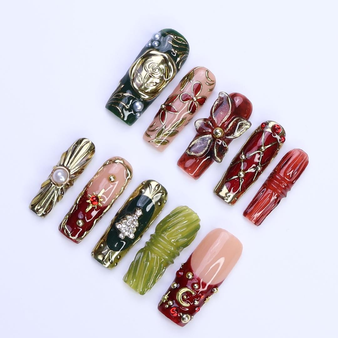 Christmas Press-On Nails with 3D Flowers, Christmas Tree & Celestial | Long Square Fake Nails | Handmade Luxury Holiday Nail Art