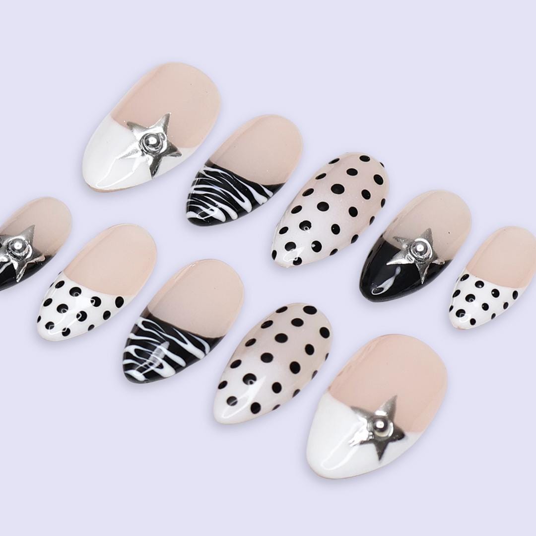 Black White Press On Nails | Polka Dot, Zebra & Silver Star Design | Almond Fake Nails | Handmade Nail Art for Everyday Wear or Gift