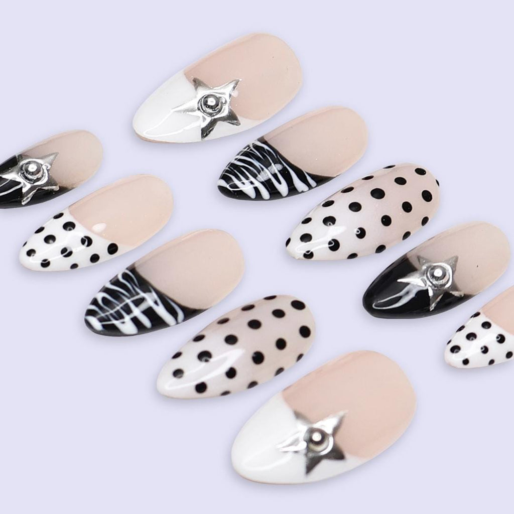 Black White Press On Nails | Polka Dot, Zebra & Silver Star Design | Almond Fake Nails | Handmade Nail Art for Everyday Wear or Gift
