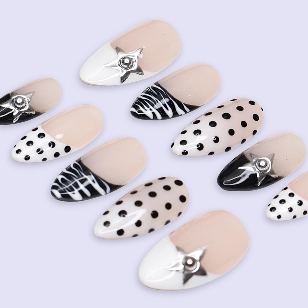 Black White Press On Nails | Polka Dot, Zebra & Silver Star Design | Almond Fake Nails | Handmade Nail Art for Everyday Wear or Gift