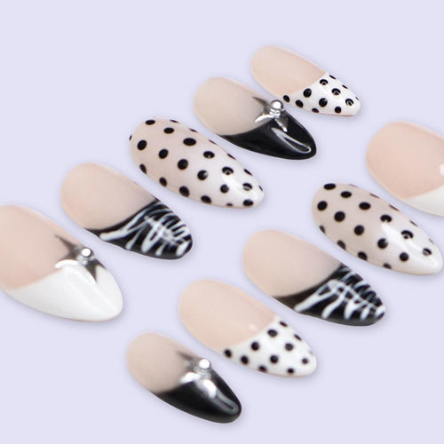 Black White Press On Nails | Polka Dot, Zebra & Silver Star Design | Almond Fake Nails | Handmade Nail Art for Everyday Wear or Gift