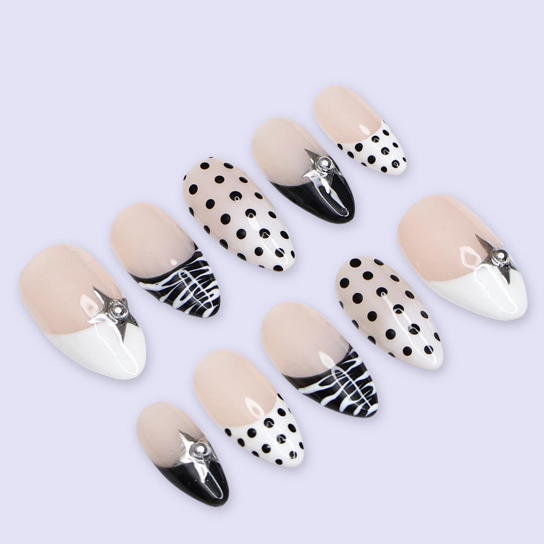 Black White Press On Nails | Polka Dot, Zebra & Silver Star Design | Almond Fake Nails | Handmade Nail Art for Everyday Wear or Gift