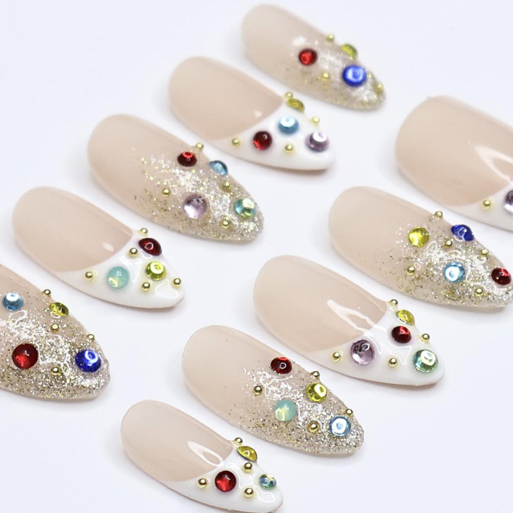 Glitter Press On Nails | Nude Base with Multicolor Gems | Almond Fake Nails | Handmade Nail Art for Everyday Wear or Party