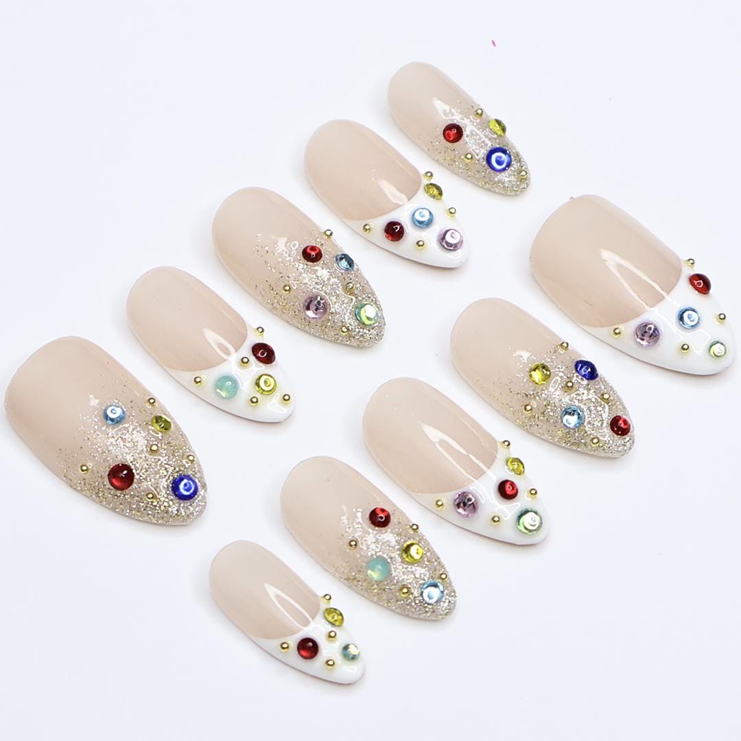 Glitter Press On Nails | Nude Base with Multicolor Gems | Almond Fake Nails | Handmade Nail Art for Everyday Wear or Party