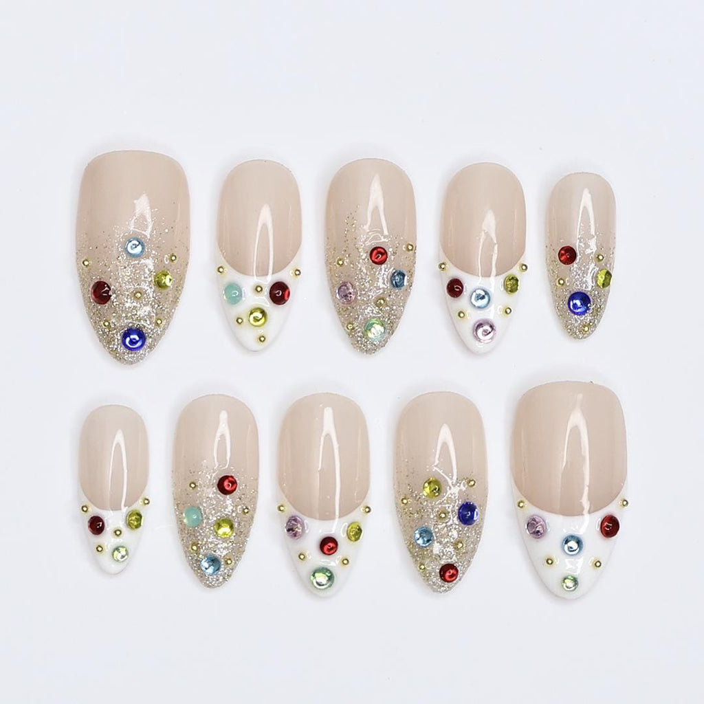 Glitter Press On Nails | Nude Base with Multicolor Gems | Almond Fake Nails | Handmade Nail Art for Everyday Wear or Party