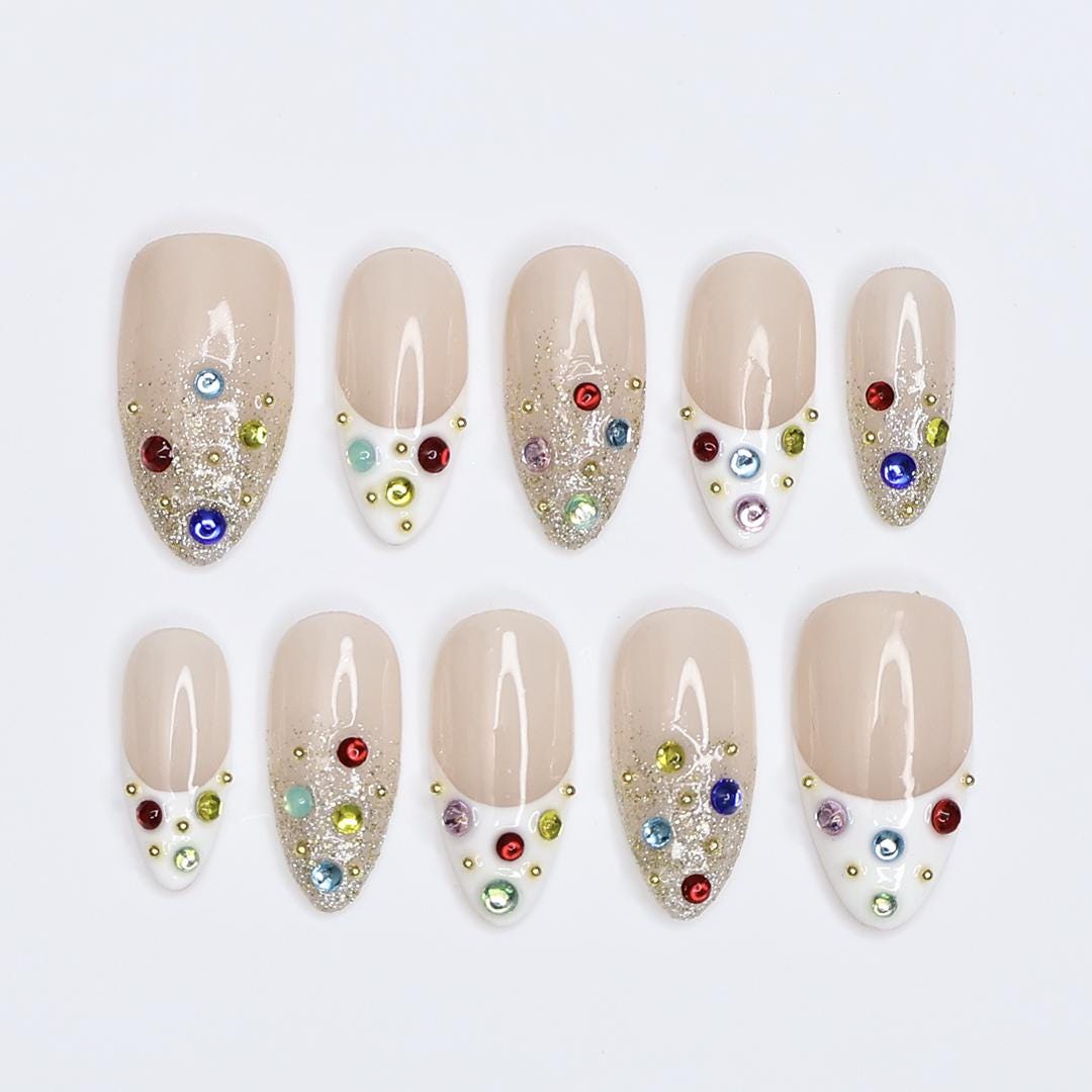 Glitter Press On Nails | Nude Base with Multicolor Gems | Almond Fake Nails | Handmade Nail Art for Everyday Wear or Party
