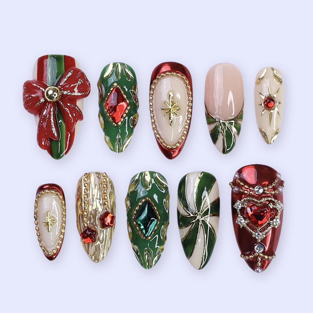 Christmas Press-On Nails with Red Bow, Emerald Gem & Gold Star Designs | Medium Almond Fake Nails | Handmade Luxury Holiday Nail Art