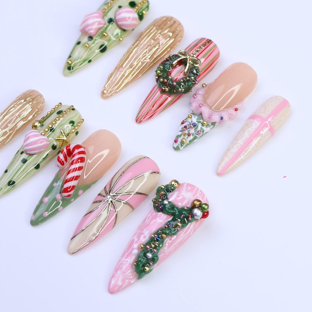 Christmas Press-On Nails with Candy Cane, Wreath & Ornament Designs | Long Almond Fake Nails | Handmade Pastel Holiday Nail Art