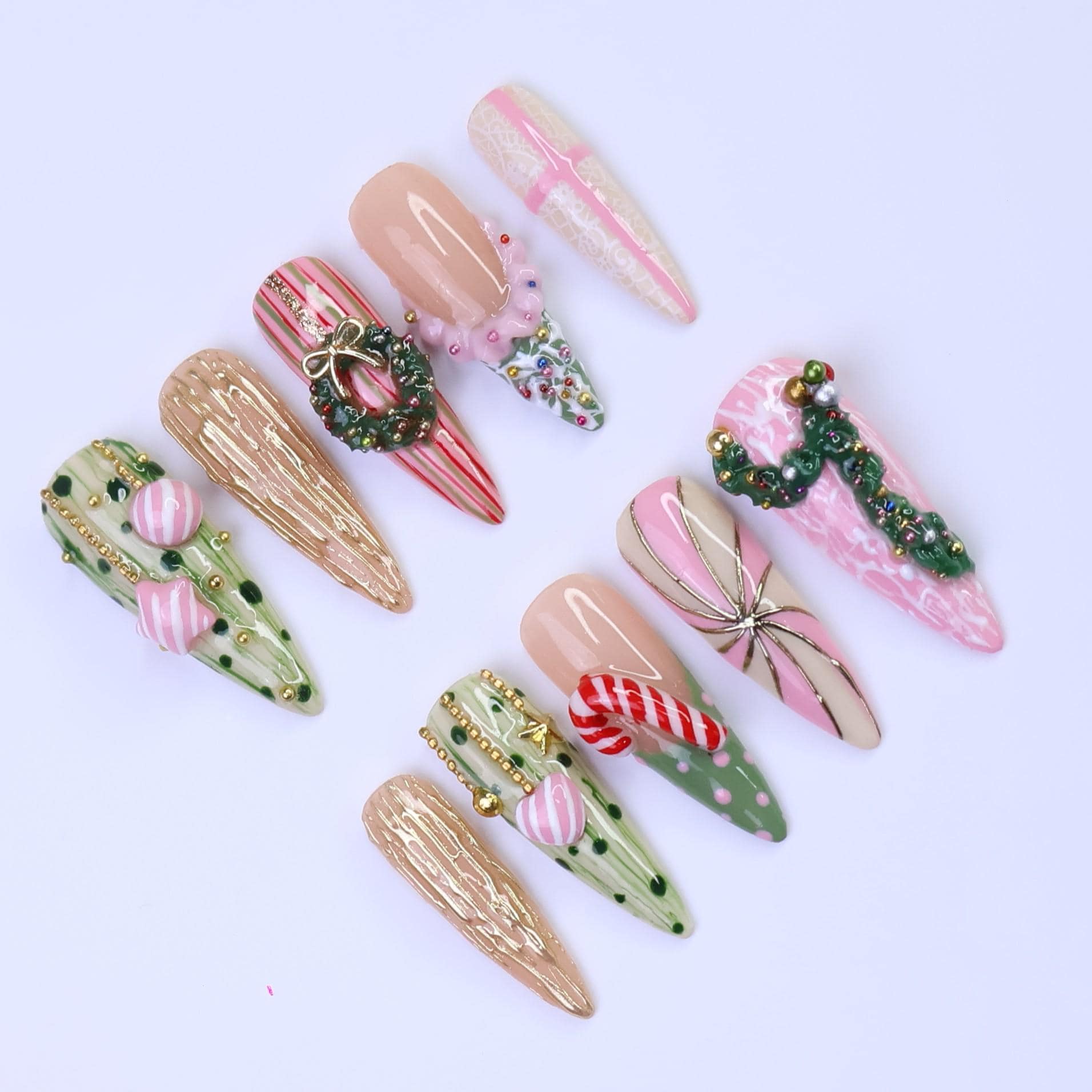 Christmas Press-On Nails with Candy Cane, Wreath & Ornament Designs | Long Almond Fake Nails | Handmade Pastel Holiday Nail Art