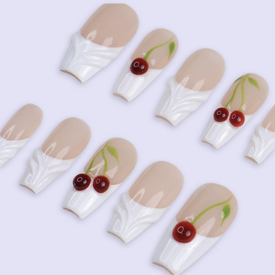 Cherry Press On Nails | Nude White Base with 3D Cherry Design | Coffin Fake Nails | Handmade Nail Art for Everyday Wear