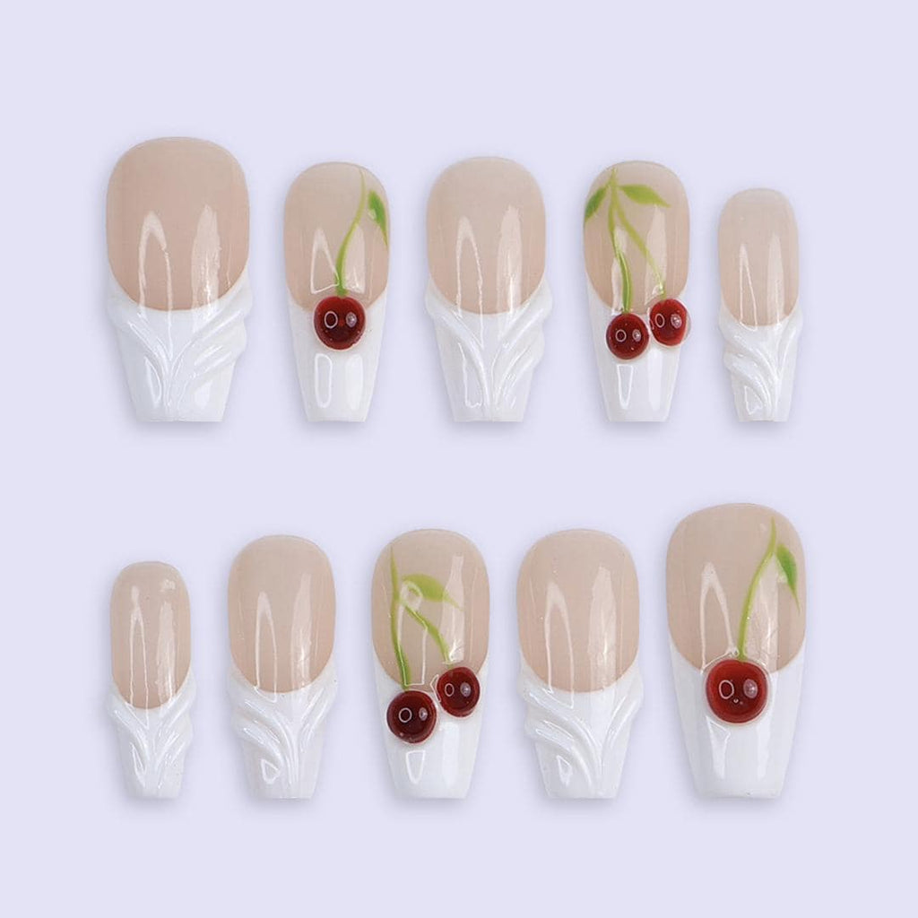Cherry Press On Nails | Nude White Base with 3D Cherry Design | Coffin Fake Nails | Handmade Nail Art for Everyday Wear