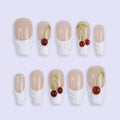 Cherry Press On Nails | Nude White Base with 3D Cherry Design | Coffin Fake Nails | Handmade Nail Art for Everyday Wear