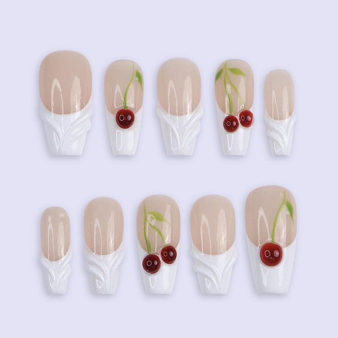 Cherry Press On Nails | Nude White Base with 3D Cherry Design | Coffin Fake Nails | Handmade Nail Art for Everyday Wear