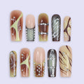 Earth Tone Press On Nails | Abstract Swirl & Rhinestone Design | Long Square Fake Nails | Handmade Nail Art for Everyday Wear or Gift