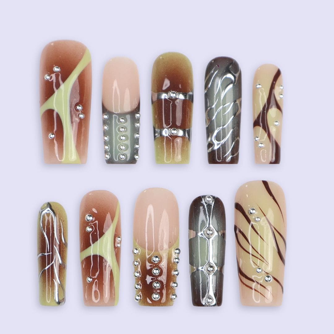 Earth Tone Press On Nails | Abstract Swirl & Rhinestone Design | Long Square Fake Nails | Handmade Nail Art for Everyday Wear or Gift