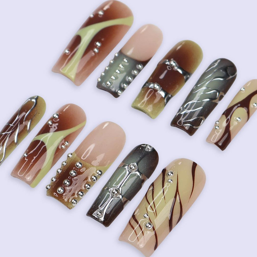 Earth Tone Press On Nails | Abstract Swirl & Rhinestone Design | Long Square Fake Nails | Handmade Nail Art for Everyday Wear or Gift