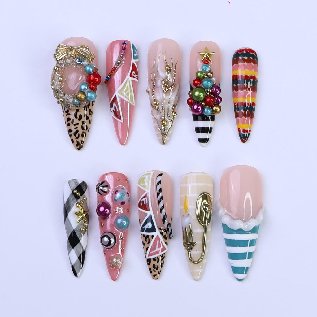 Christmas Press-On Nails with Wreath, Tree, Ornaments & Pattern Mix | Long Almond Fake Nails | Festive Handmade Holiday Nail Art