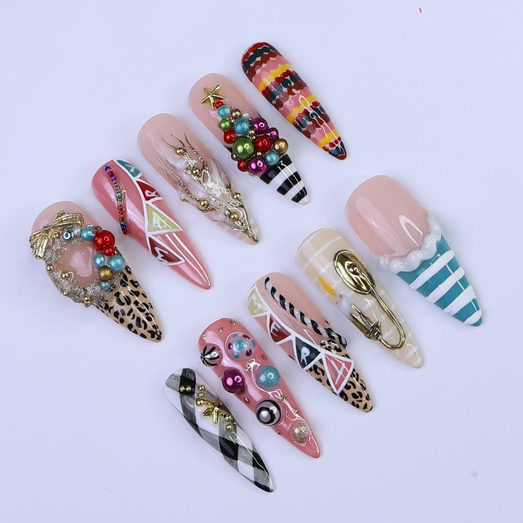Christmas Press-On Nails with Wreath, Tree, Ornaments & Pattern Mix | Long Almond Fake Nails | Festive Handmade Holiday Nail Art