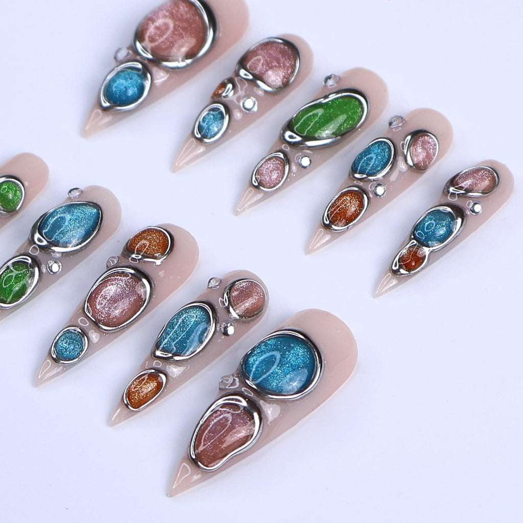 Nude Press On Nails | Abstract Chrome Frame & Multicolor Cat Eye Design | Long Stiletto Fake Nails | Handmade Nail Art for Everyday Wear