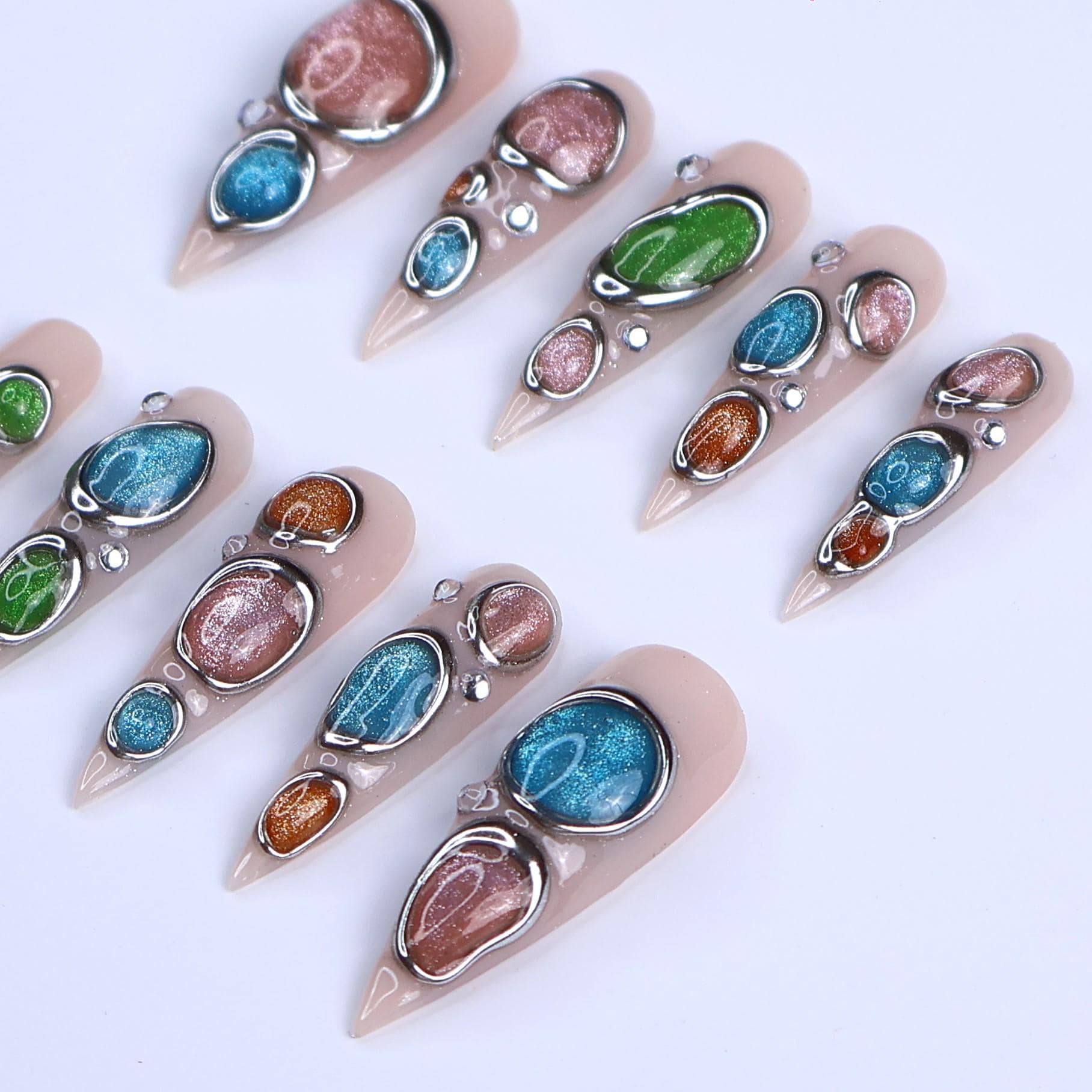 Nude Press On Nails | Abstract Chrome Frame & Multicolor Cat Eye Design | Long Stiletto Fake Nails | Handmade Nail Art for Everyday Wear