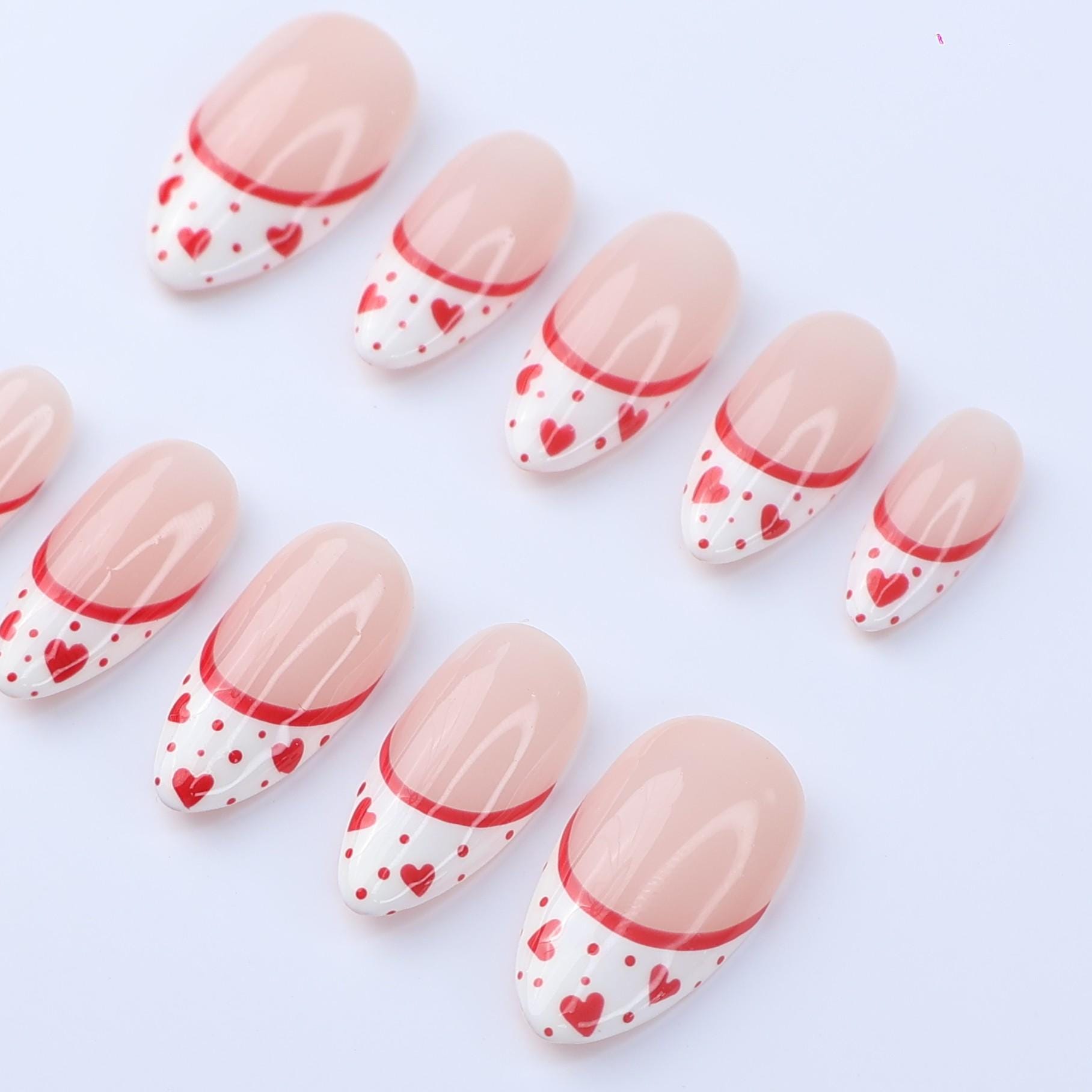 Valentine Press On Nails with Red Hearts | French Tip Fake Nails in Almond | Cute Handmade Nail Art for Date or Gift for Her