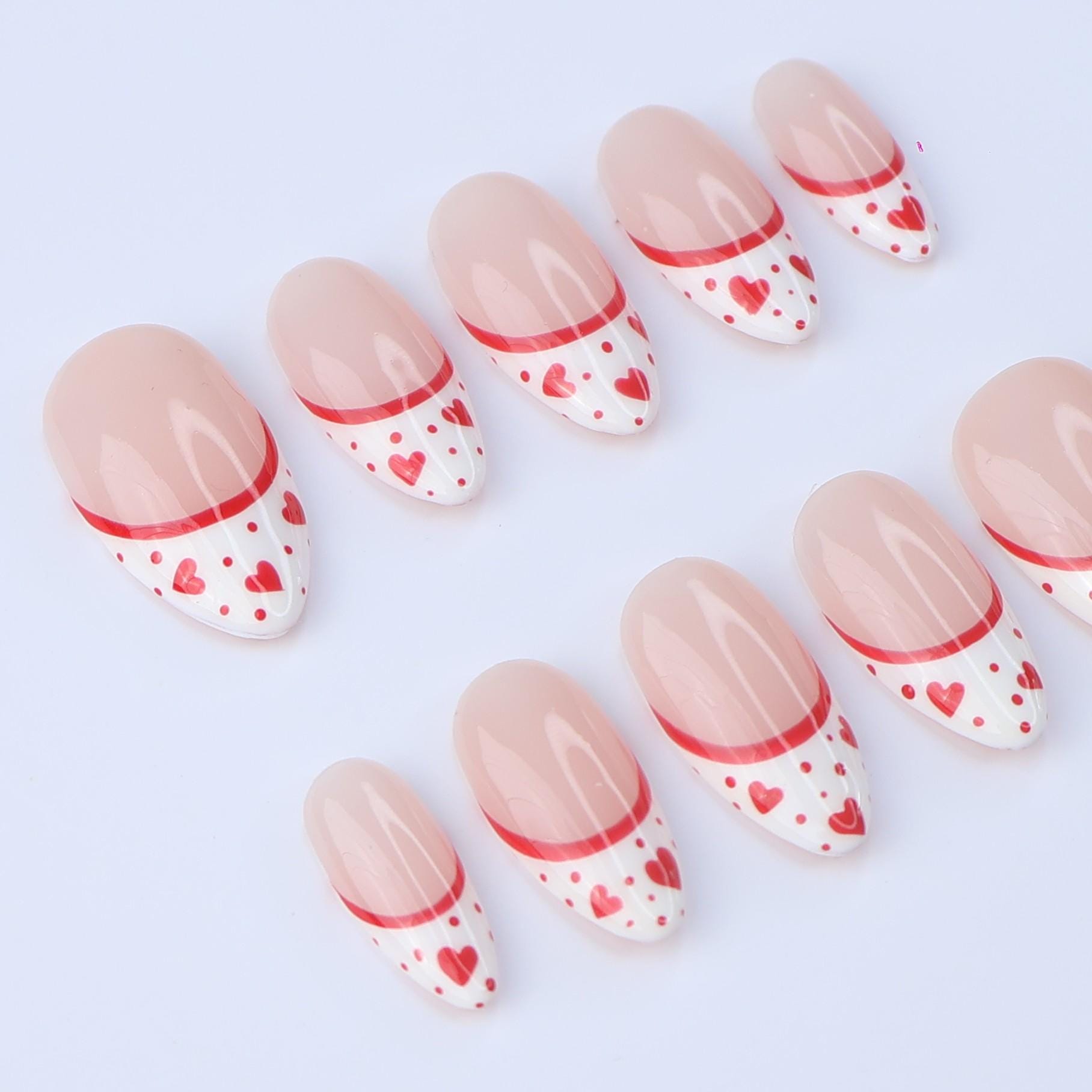 Valentine Press On Nails with Red Hearts | French Tip Fake Nails in Almond | Cute Handmade Nail Art for Date or Gift for Her