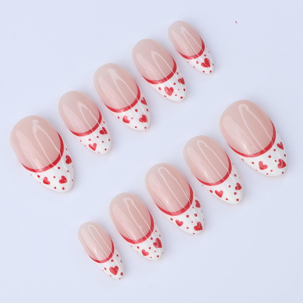 Valentine Press On Nails with Red Hearts | French Tip Fake Nails in Almond | Cute Handmade Nail Art for Date or Gift for Her
