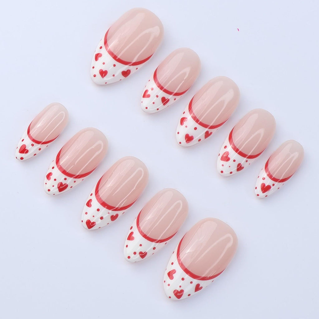 Valentine Press On Nails with Red Hearts | French Tip Fake Nails in Almond | Cute Handmade Nail Art for Date or Gift for Her