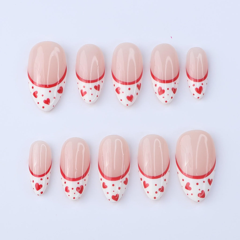Valentine Press On Nails with Red Hearts | French Tip Fake Nails in Almond | Cute Handmade Nail Art for Date or Gift for Her