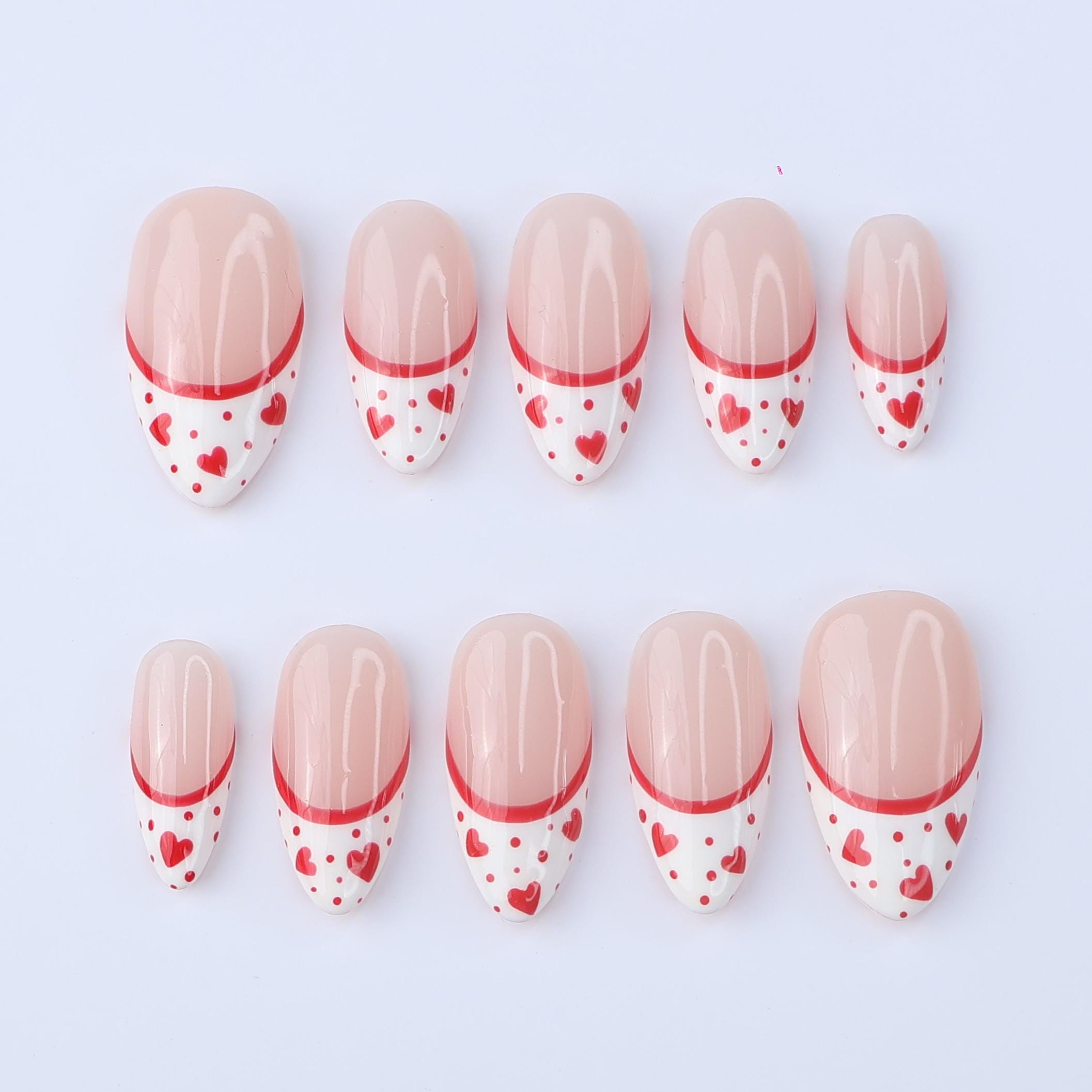 Valentine Press On Nails with Red Hearts | French Tip Fake Nails in Almond | Cute Handmade Nail Art for Date or Gift for Her