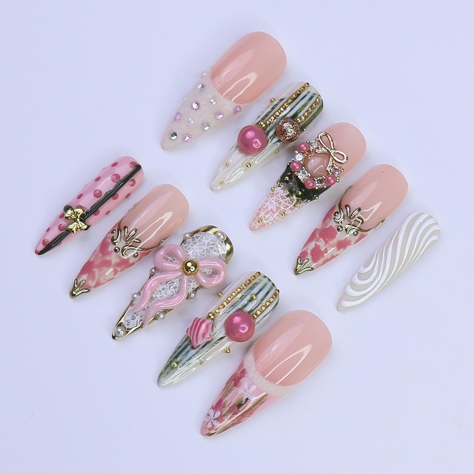 Christmas Press On Nails with Pink Wreath, Bow & Pearl Accents | Long Almond Fake Nails | Handmade Holiday Nail Art for Gifts or Parties