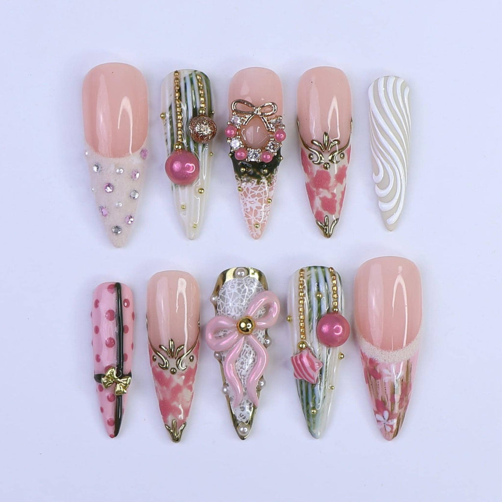 Christmas Press On Nails with Pink Wreath, Bow & Pearl Accents | Long Almond Fake Nails | Handmade Holiday Nail Art for Gifts or Parties