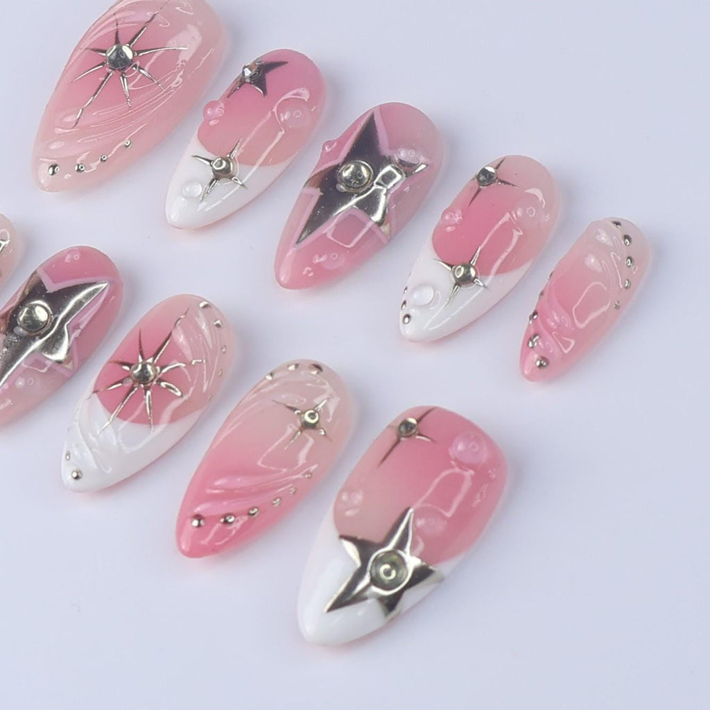 Pink Ombré Press On Nails | Silver Star & Celestial Design | Almond Fake Nails | Handmade Nail Art for Everyday Wear or Gift