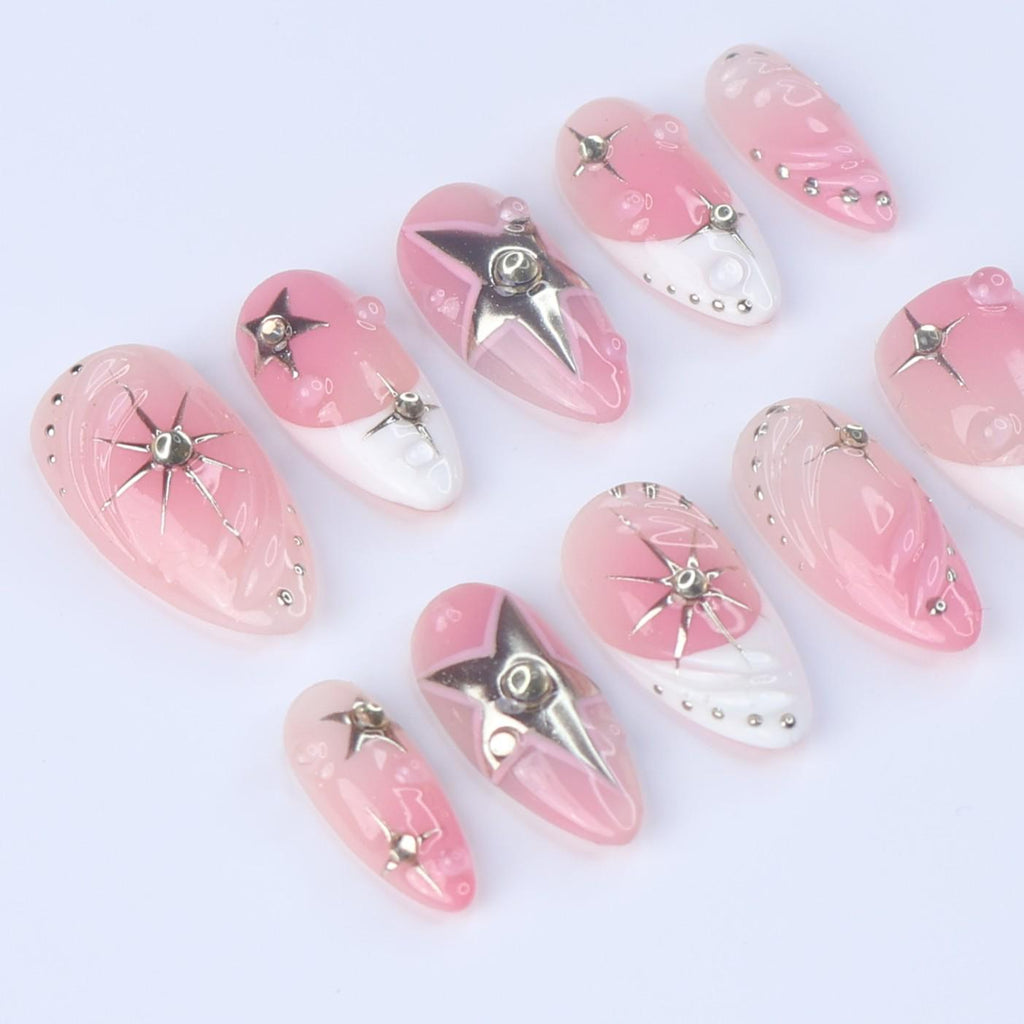 Pink Ombré Press On Nails | Silver Star & Celestial Design | Almond Fake Nails | Handmade Nail Art for Everyday Wear or Gift