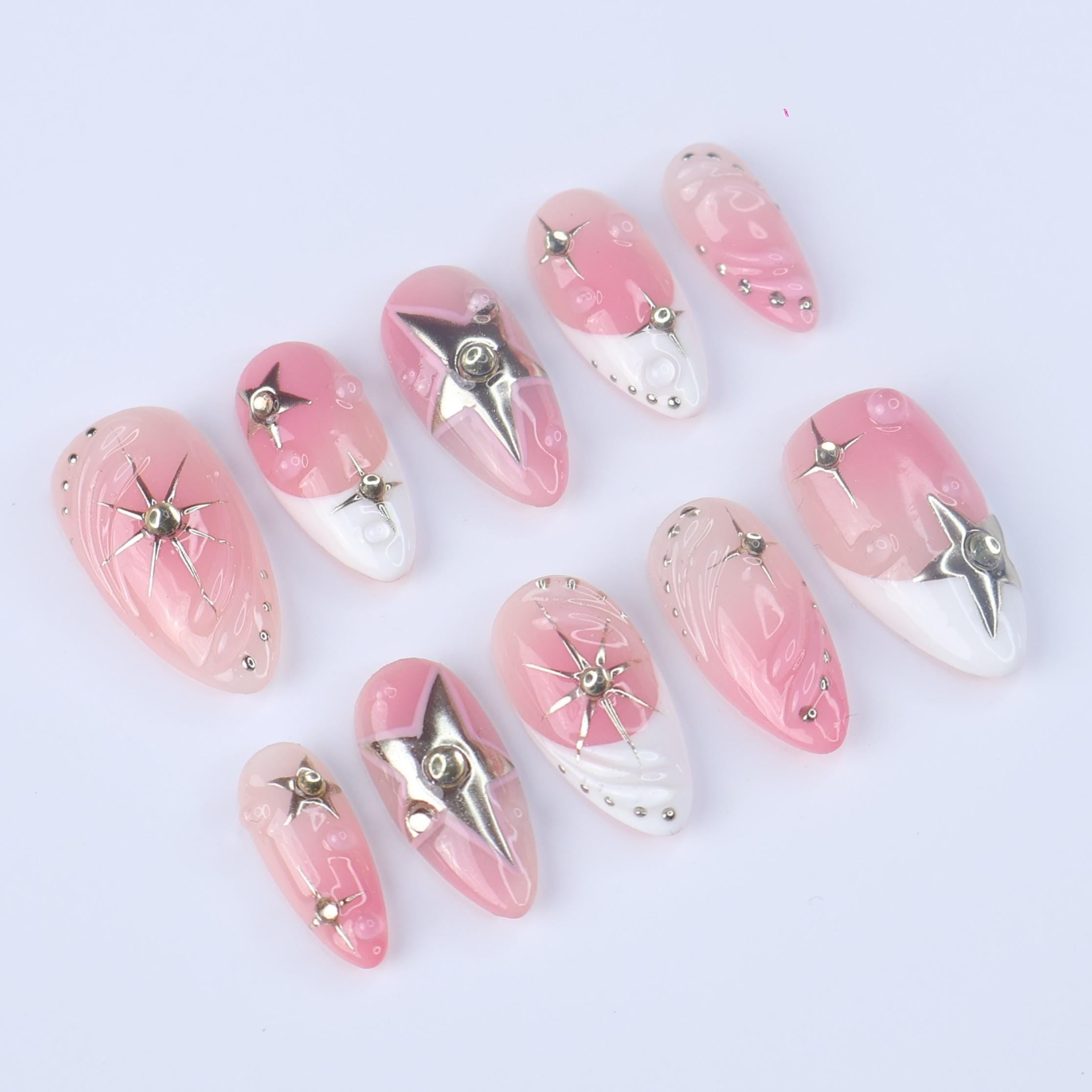 Pink Ombré Press On Nails | Silver Star & Celestial Design | Almond Fake Nails | Handmade Nail Art for Everyday Wear or Gift