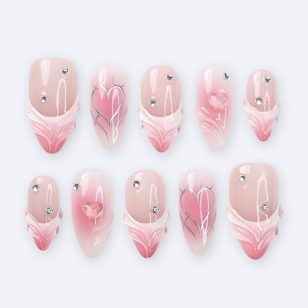 Pink Valentine Press On Nails | 3D Sculpted Heart & Chrome Line Art | Nude Ombre Fake Nails in Medium Almond | Reusable Handmade Nail Set