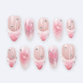 Pink Valentine Press On Nails | 3D Sculpted Heart & Chrome Line Art | Nude Ombre Fake Nails in Medium Almond | Reusable Handmade Nail Set