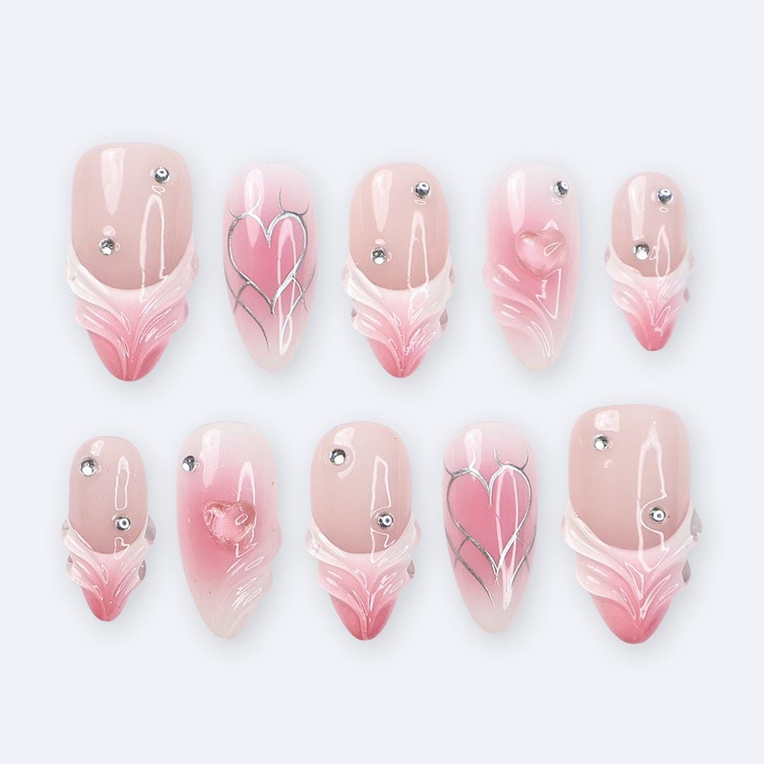 Pink Valentine Press On Nails | 3D Sculpted Heart & Chrome Line Art | Nude Ombre Fake Nails in Medium Almond | Reusable Handmade Nail Set