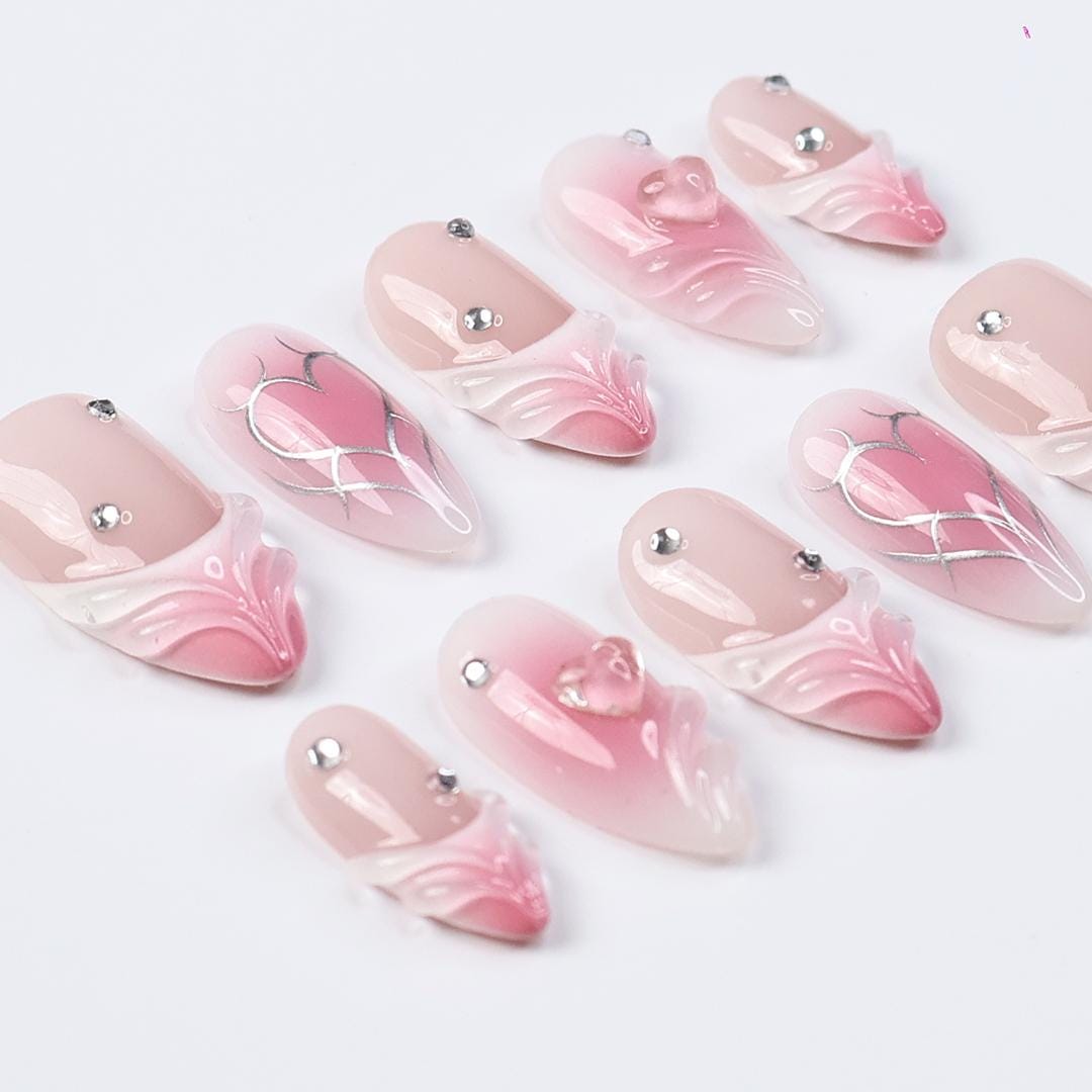 Pink Valentine Press On Nails | 3D Sculpted Heart & Chrome Line Art | Nude Ombre Fake Nails in Medium Almond | Reusable Handmade Nail Set