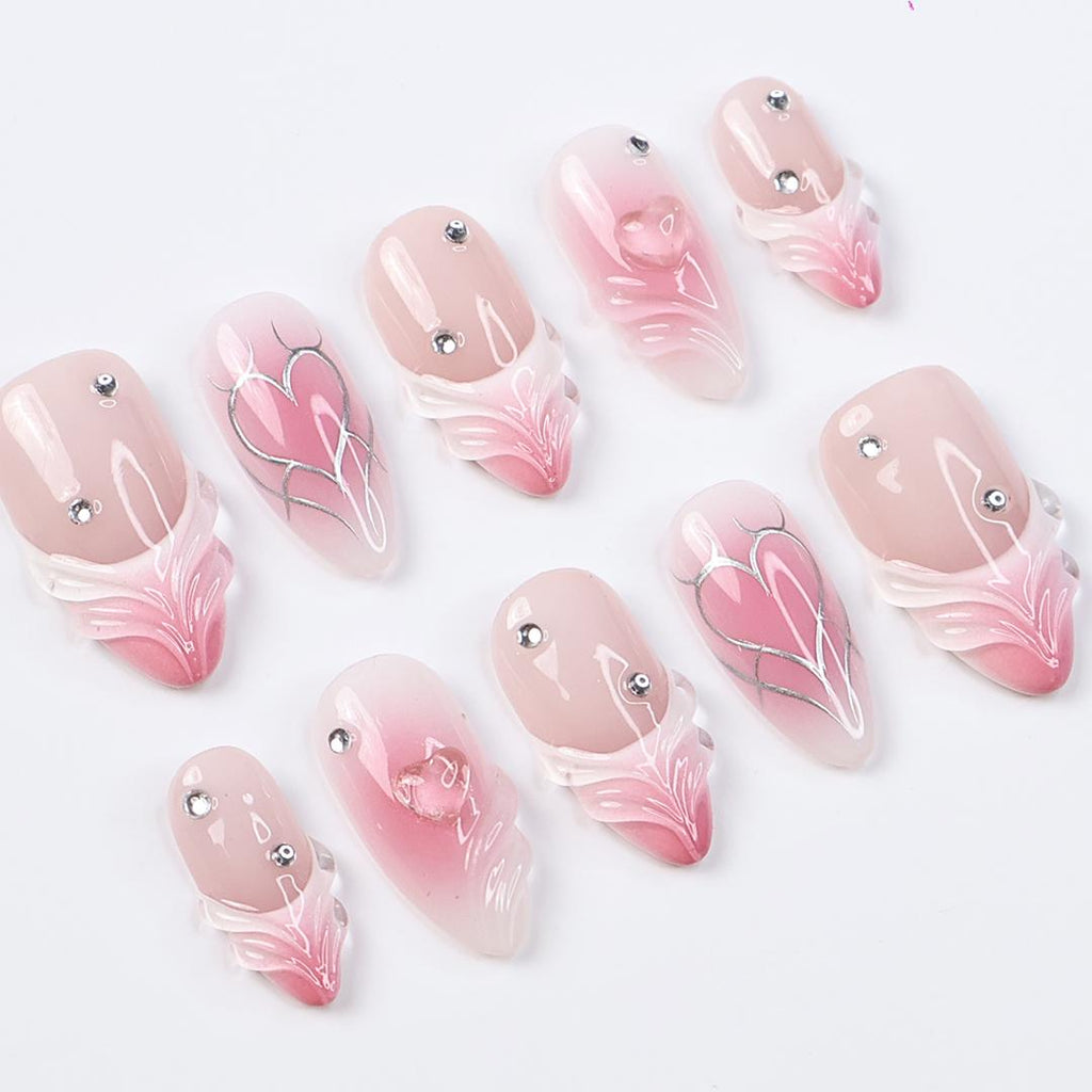 Pink Valentine Press On Nails | 3D Sculpted Heart & Chrome Line Art | Nude Ombre Fake Nails in Medium Almond | Reusable Handmade Nail Set