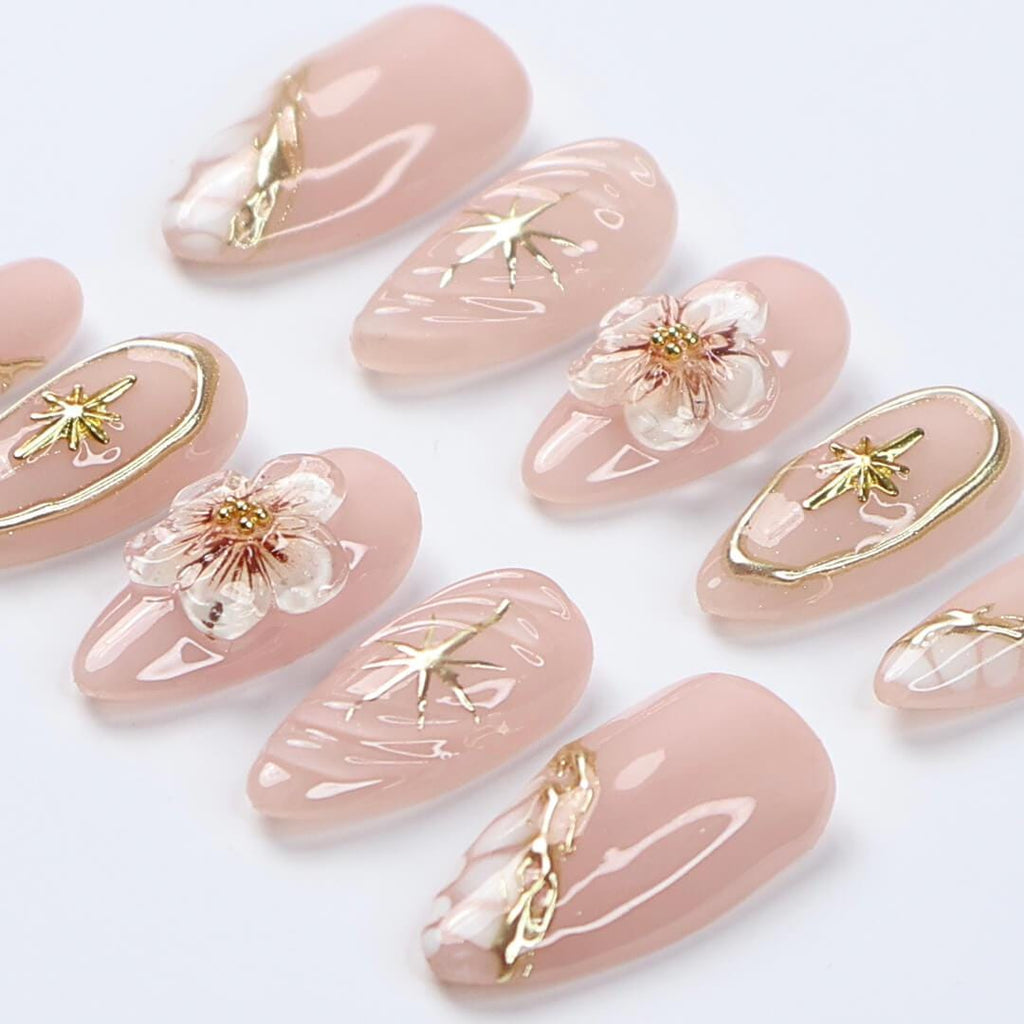 Nude Press On Nails | Gold Floral & Celestial Nails, 3D Flower Almond Fake Nails | Handmade Reusable Luxury Nail Set