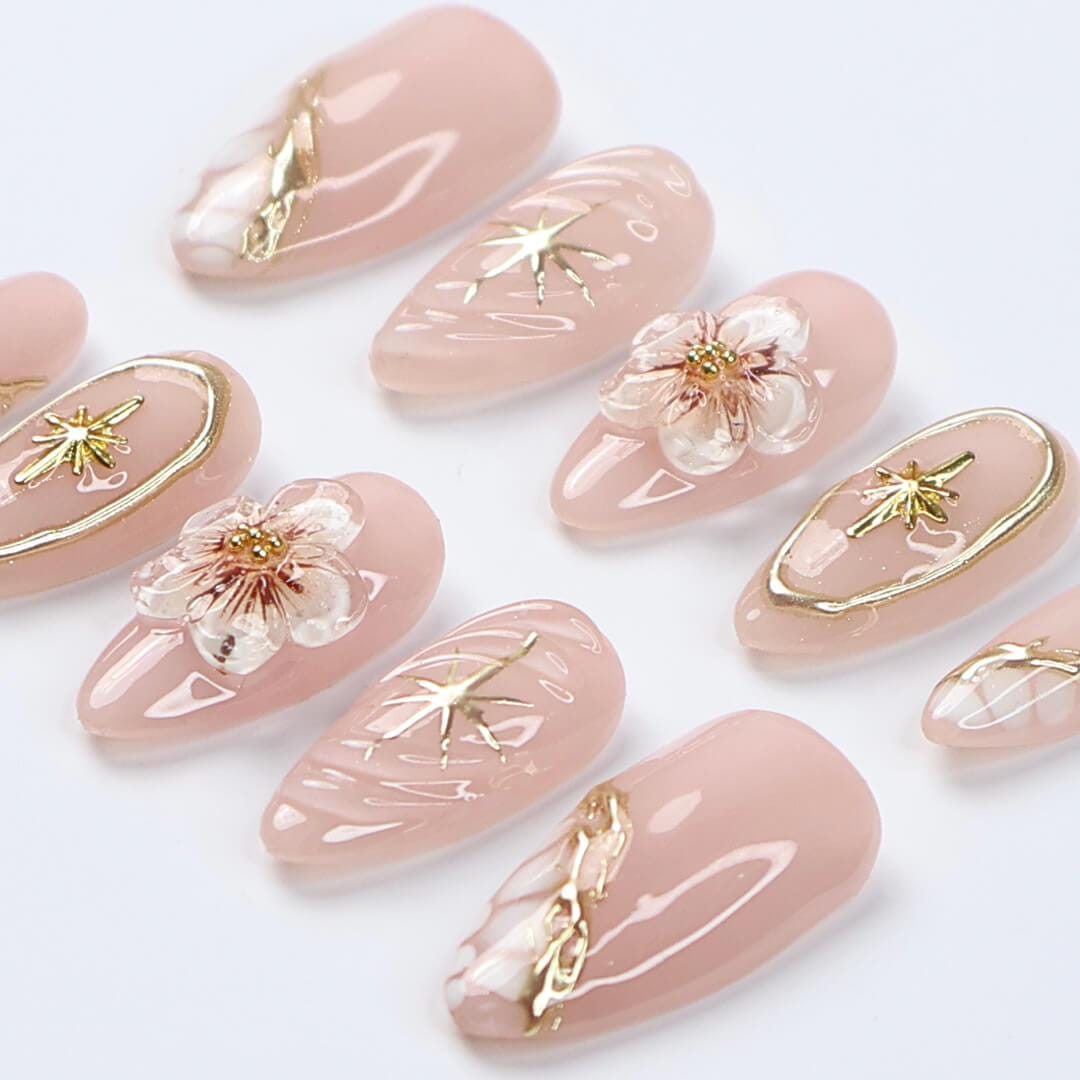 Nude Press On Nails | Gold Floral & Celestial Nails, 3D Flower Almond Fake Nails | Handmade Reusable Luxury Nail Set