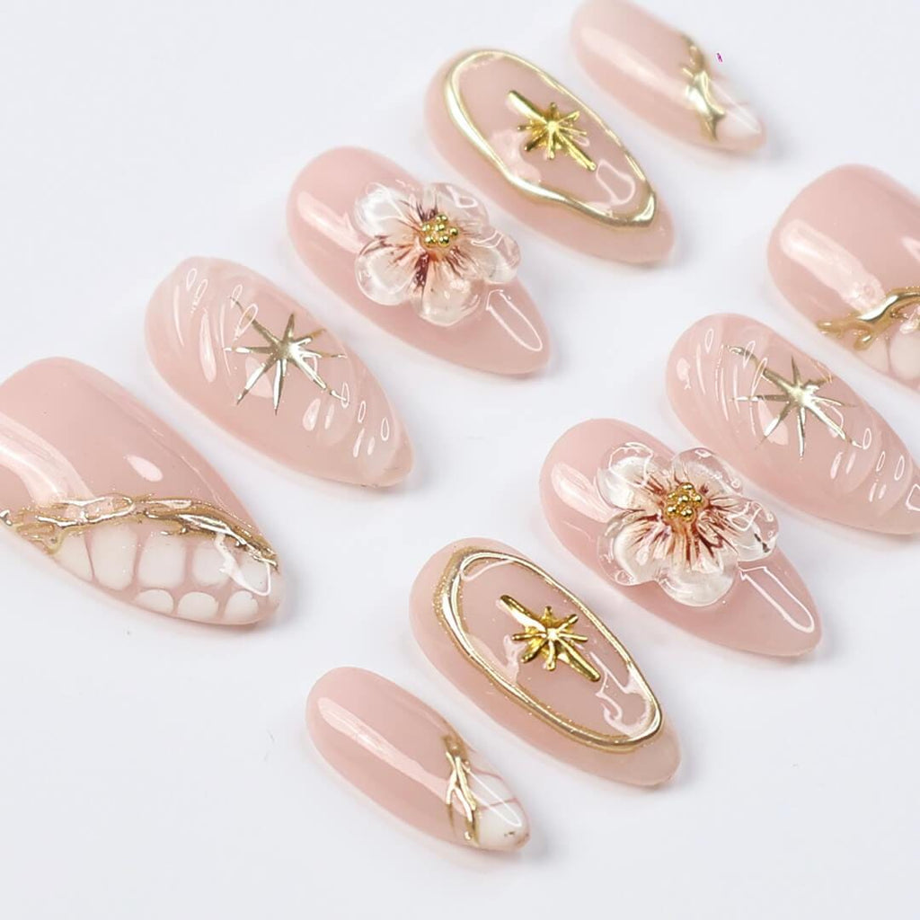 Nude Press On Nails | Gold Floral & Celestial Nails, 3D Flower Almond Fake Nails | Handmade Reusable Luxury Nail Set