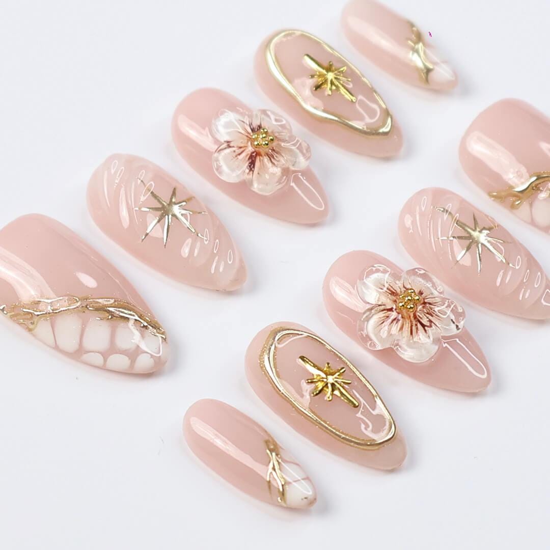 Nude Press On Nails | Gold Floral & Celestial Nails, 3D Flower Almond Fake Nails | Handmade Reusable Luxury Nail Set