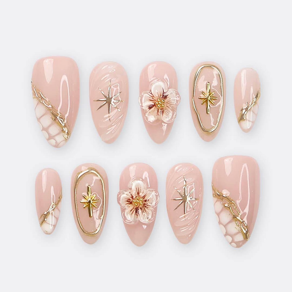 Nude Press On Nails | Gold Floral & Celestial Nails, 3D Flower Almond Fake Nails | Handmade Reusable Luxury Nail Set
