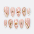 Nude Press On Nails | Gold Floral & Celestial Nails, 3D Flower Almond Fake Nails | Handmade Reusable Luxury Nail Set