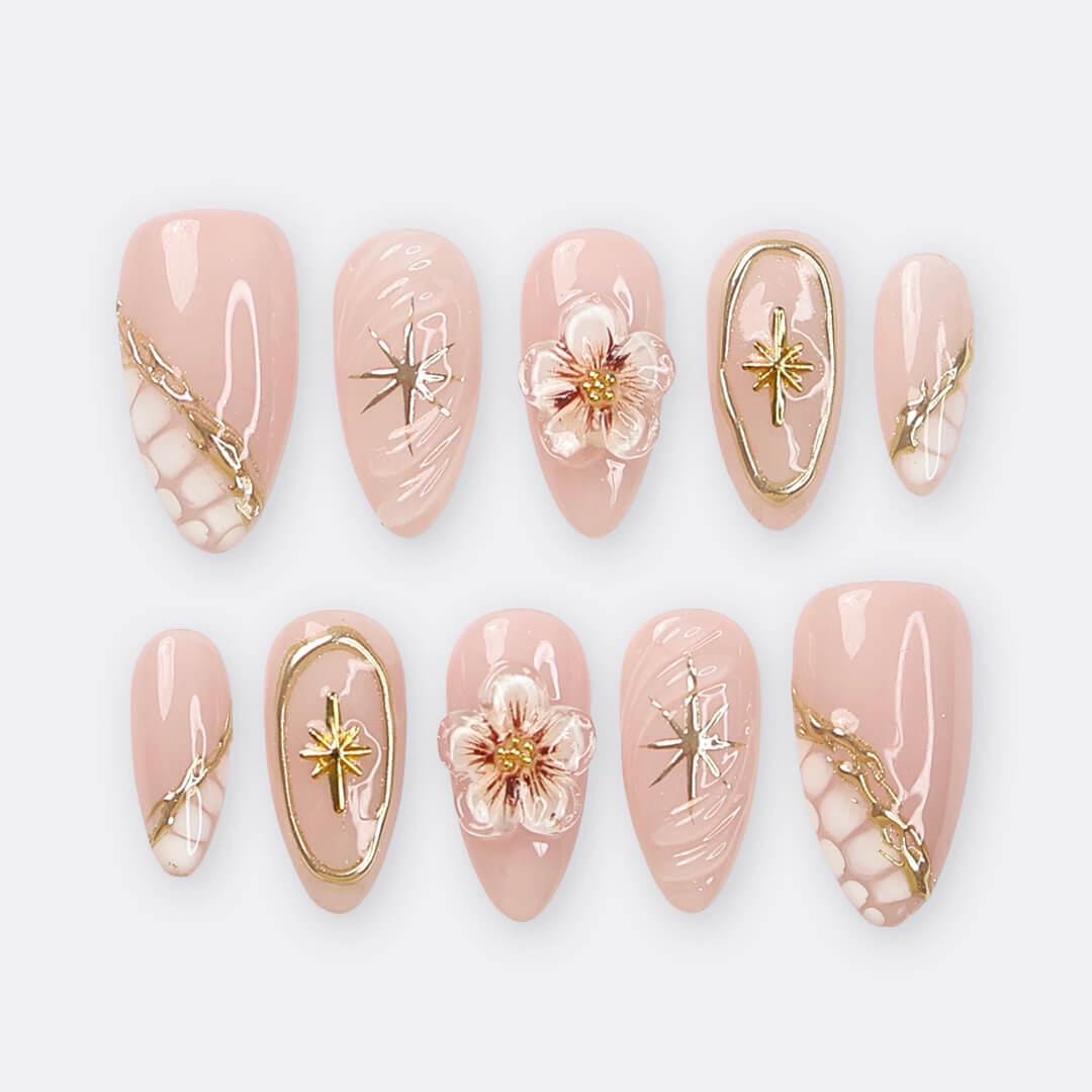 Nude Press On Nails | Gold Floral & Celestial Nails, 3D Flower Almond Fake Nails | Handmade Reusable Luxury Nail Set