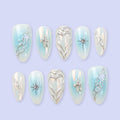 Blue Press On Nails | Opalescent Celestial with Silver Stars & 3D Heart | Almond Fake Nails | Handmade Nail Art for Valentine of Gifts