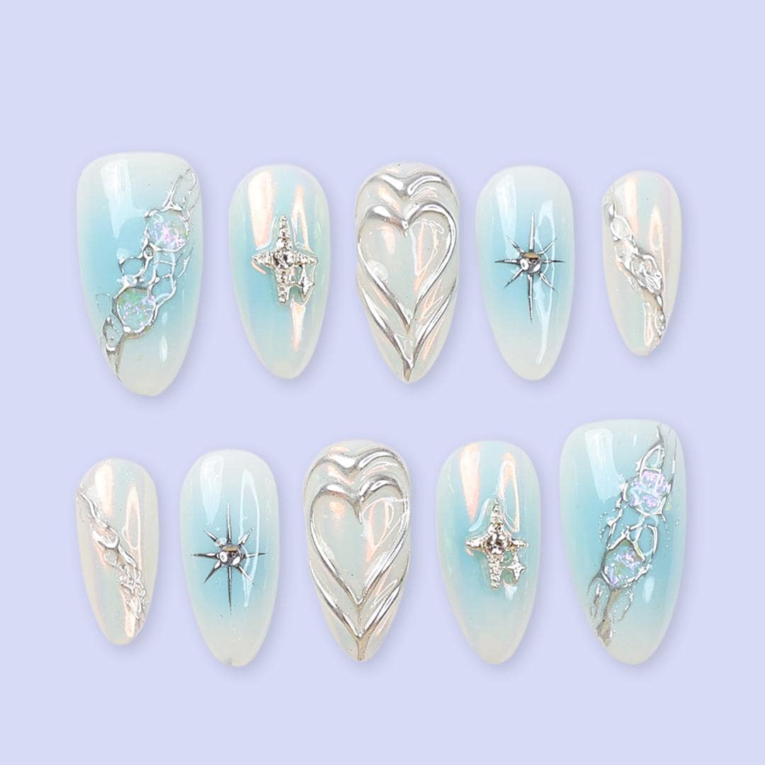 Blue Press On Nails | Opalescent Celestial with Silver Stars & 3D Heart | Almond Fake Nails | Handmade Nail Art for Valentine of Gifts